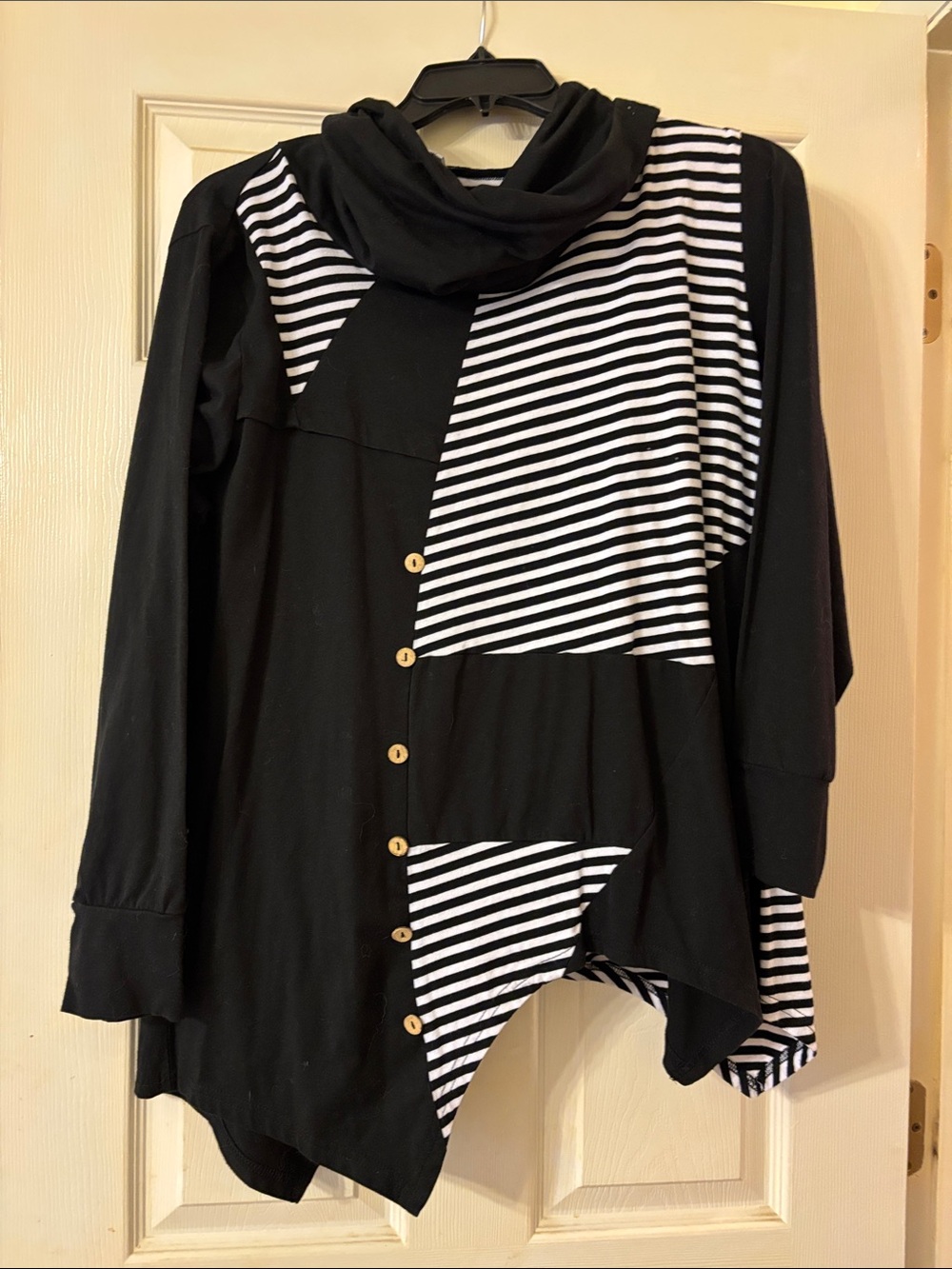 Black & White Striped Button-Front Hooded Tunic